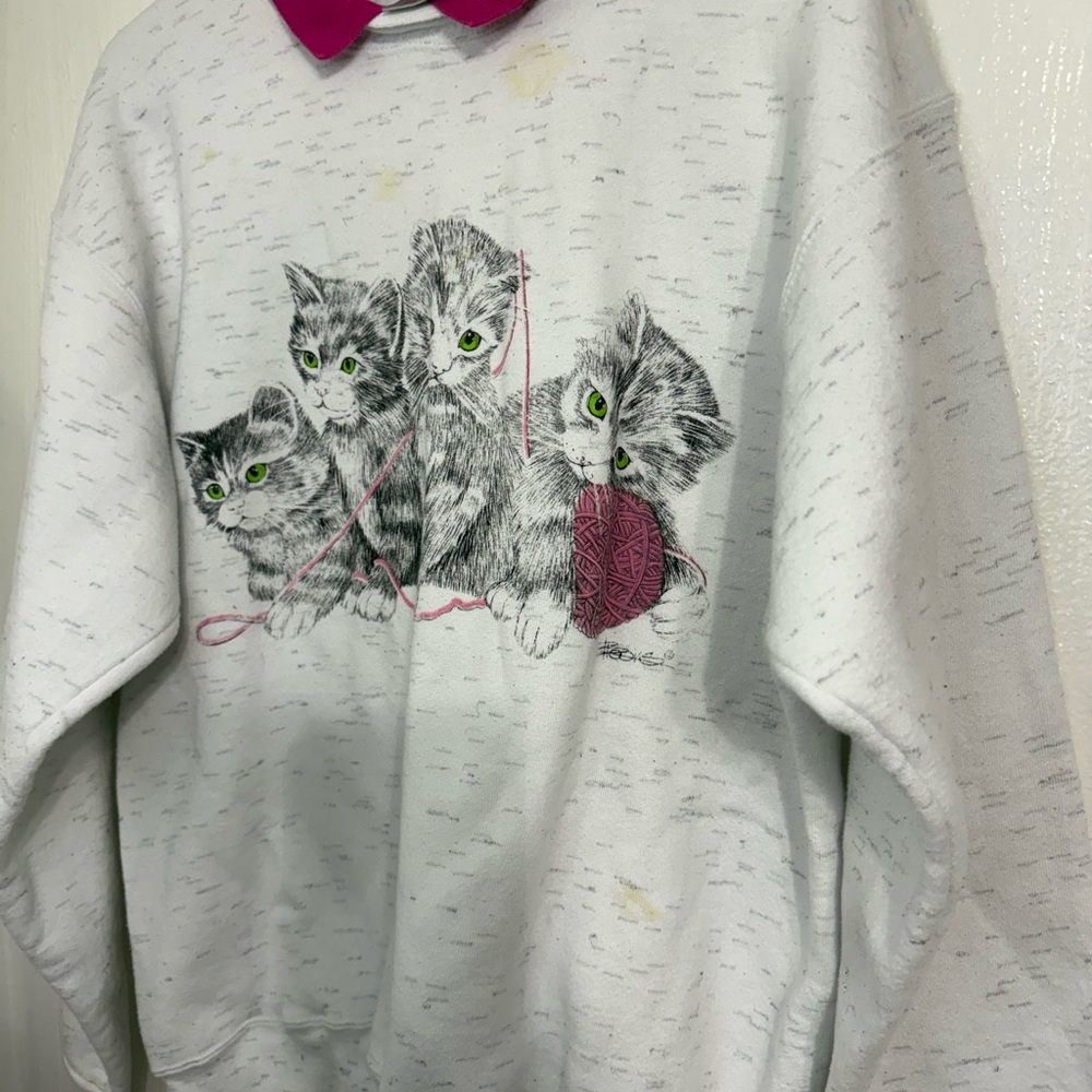 Vintage Oneita Sport Playful Kitten Grandmacore Crew Neck Collared Sweatshirt - Picture 9 of 11